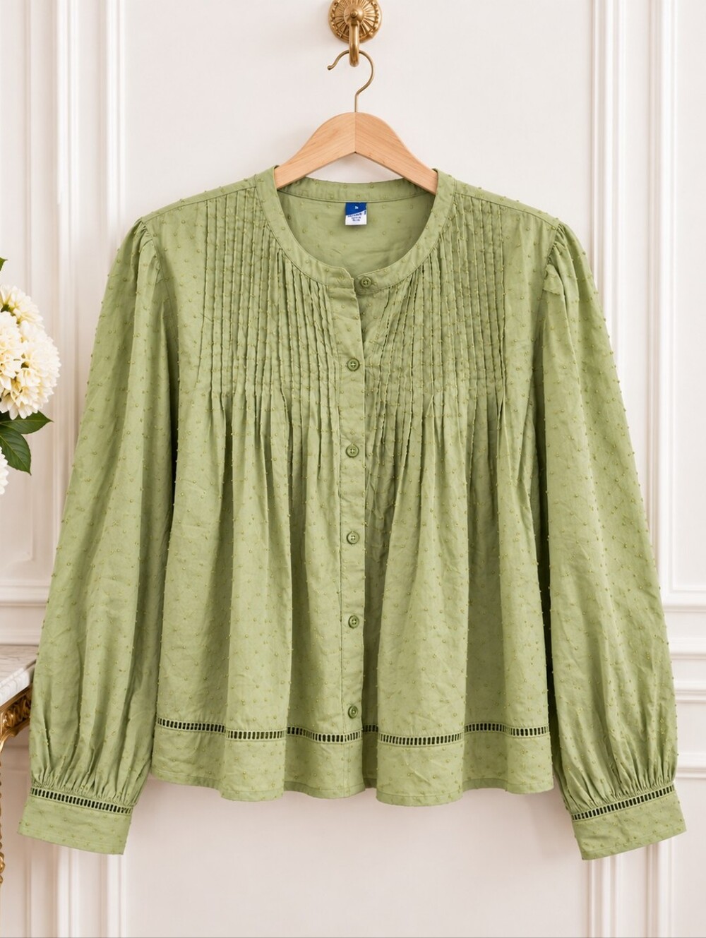 Old Navy Green Swiss Dot Pintuck Button Front Cotton Blouse | Size Medium - Picture 5 of 9